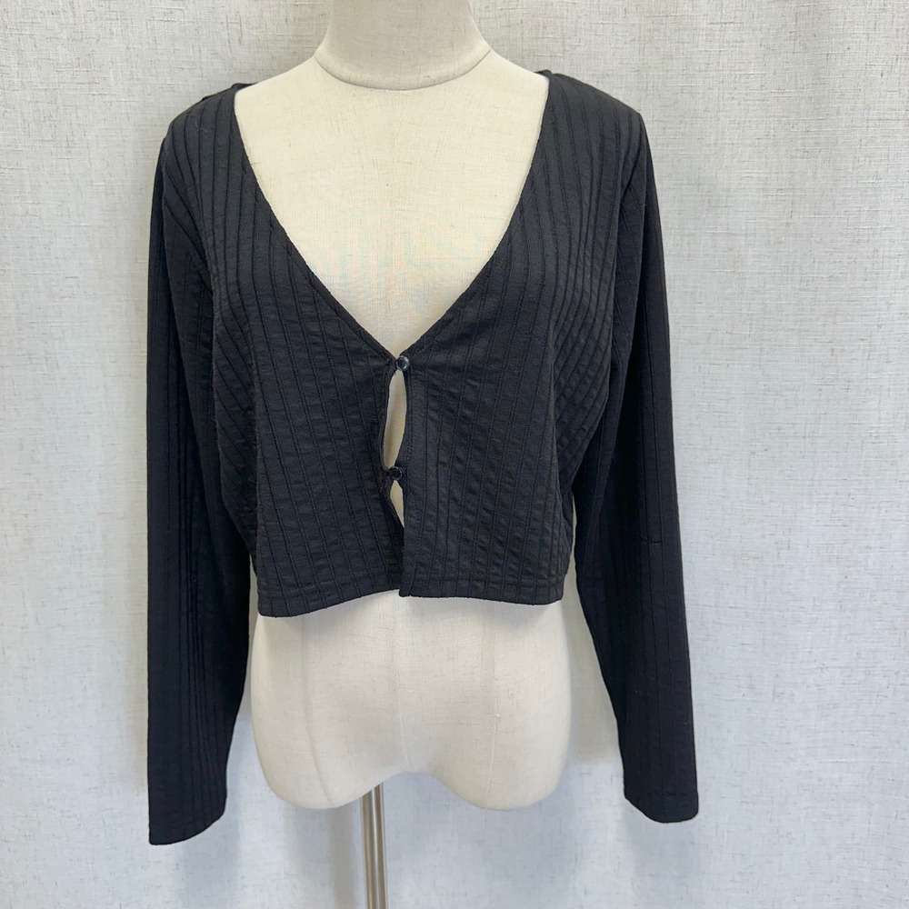 HM Divided Womens XL Black Ribbed‎ Cropped Cardigan Long Sleeve 2 Button Front